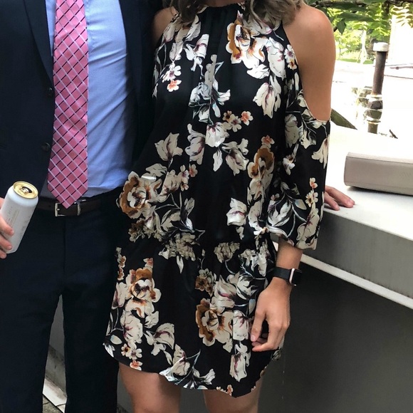 Black Patterned Silk Dress with cut out shoulders - Picture 1 of 2